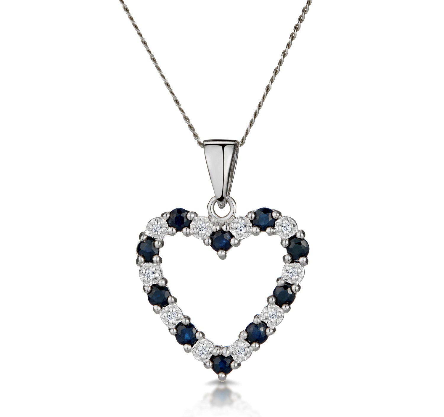 9K White Gold 0.03ct Diamond and Sapphire Heart Pendant Necklace